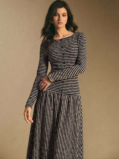 Poéselle Women's Striped Boat Neck Long Sleeve Button Design Casual Dress Stripe Dresses For Women Midi Daily & Date Night Essential Anthropologie Clothes