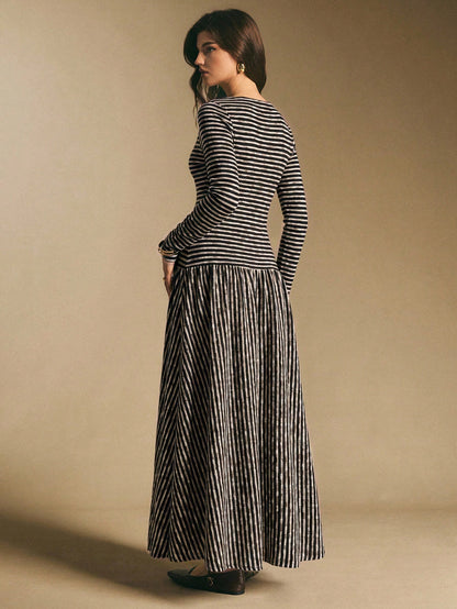 Poéselle Women's Striped Boat Neck Long Sleeve Button Design Casual Dress Stripe Dresses For Women Midi Daily & Date Night Essential Anthropologie Clothes