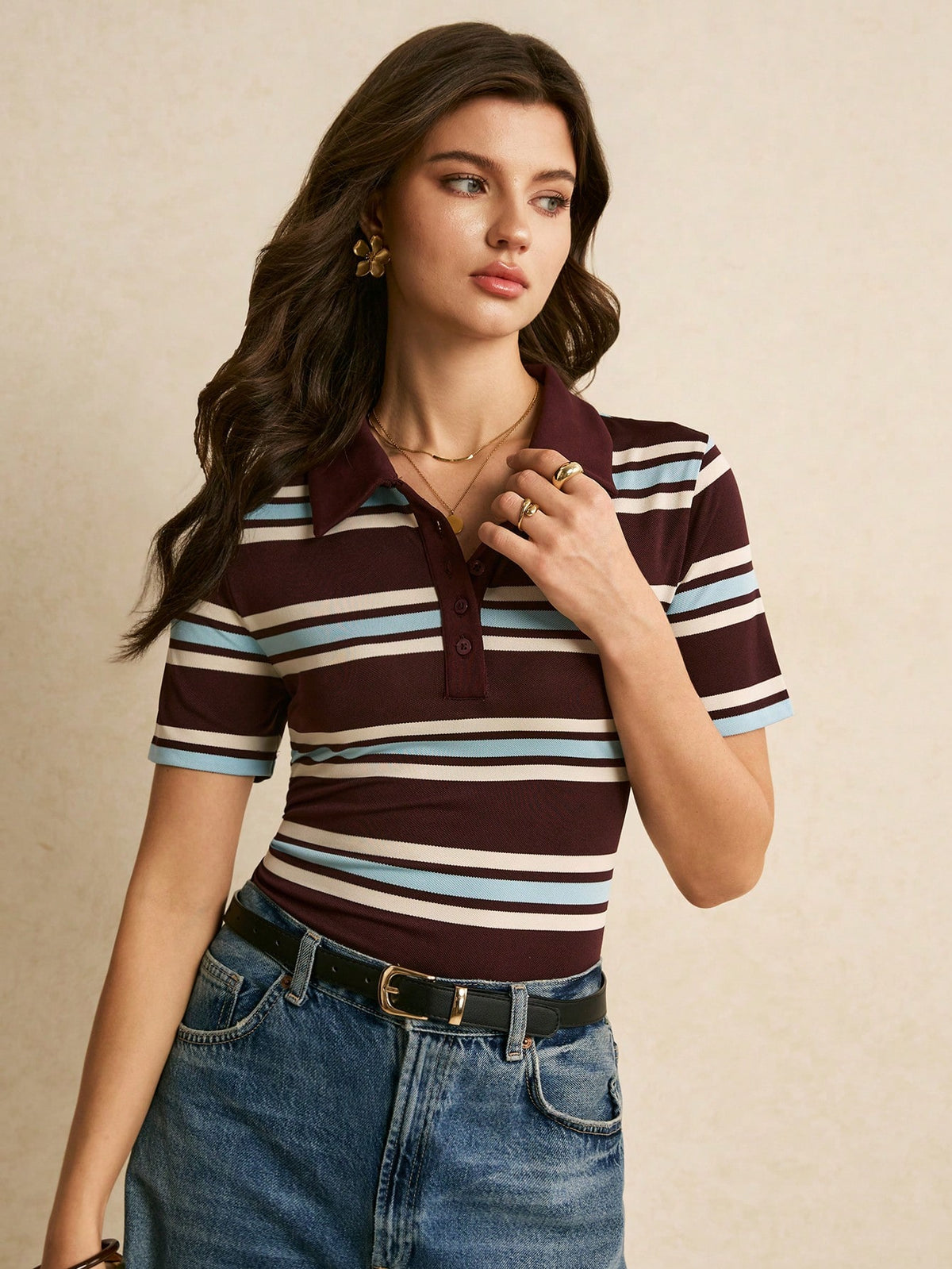 Poéselle Women's Striped Patchwork Casual Versatile Daily Wear Short Sleeve T-Shirt, Going Out Tops,Elegant Women's Blouses, Casual Blouses,Work Outfits