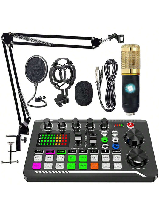 Podcast Equipment Bundle, Recording Studio Package With Voice Changer, Live Sound Card, Professional Audio Mixer- Audio Interface For Laptop Computer Vlog Living Broadcast Live Streaming (F998)