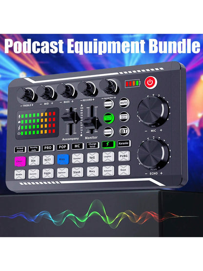 Podcast Equipment Bundle, Recording Studio Package With Voice Changer, Live Sound Card, Professional Audio Mixer- Audio Interface For Laptop Computer Vlog Living Broadcast Live Streaming (F998)