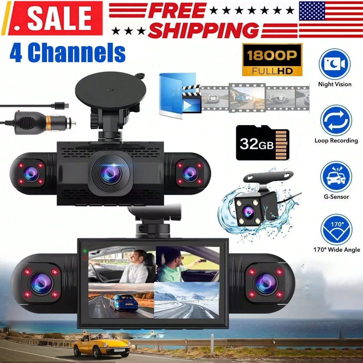 Podofo 360° Dash Cam Front And Rear Inside,4 Channel 3" IPS Touchscreen Dash Cam Front And Rear Inside Left Right,4*1080P Dash Camera With 8 IR Night Vision,Loop Recording,G-Sensor,24 Hours Recording
