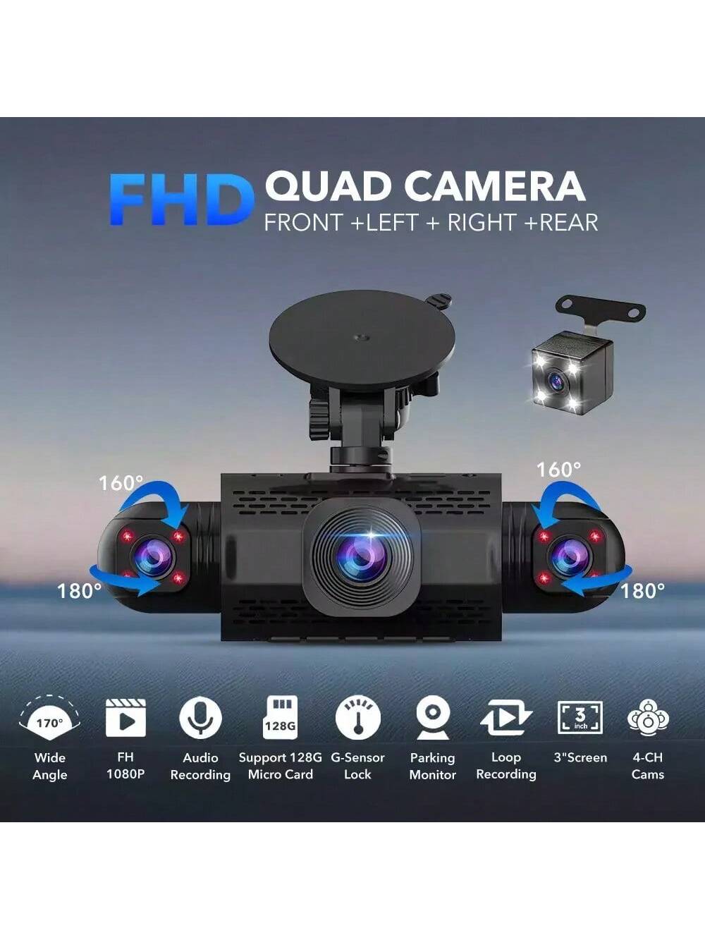 Podofo 360° Dash Cam Front And Rear Inside,4 Channel 3" IPS Touchscreen Dash Cam Front And Rear Inside Left Right,4*1080P Dash Camera With 8 IR Night Vision,Loop Recording,G-Sensor,24 Hours Recording