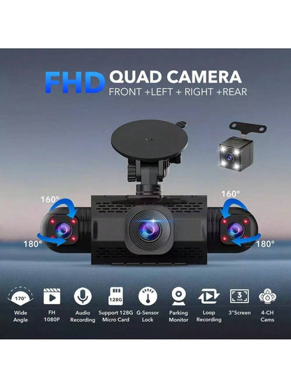 Podofo 360° Dash Cam Front And Rear Inside,4 Channel 3" IPS Touchscreen Dash Cam Front And Rear Inside Left Right,4*1080P Dash Camera With 8 IR Night Vision,Loop Recording,G-Sensor,24 Hours Recording