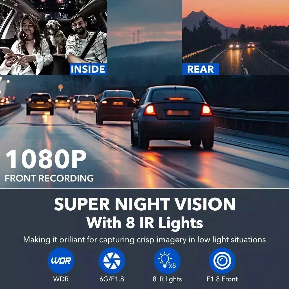 Podofo 360° Dash Cam Front And Rear Inside,4 Channel 3" IPS Touchscreen Dash Cam Front And Rear Inside Left Right,4*1080P Dash Camera With 8 IR Night Vision,Loop Recording,G-Sensor,24 Hours Recording