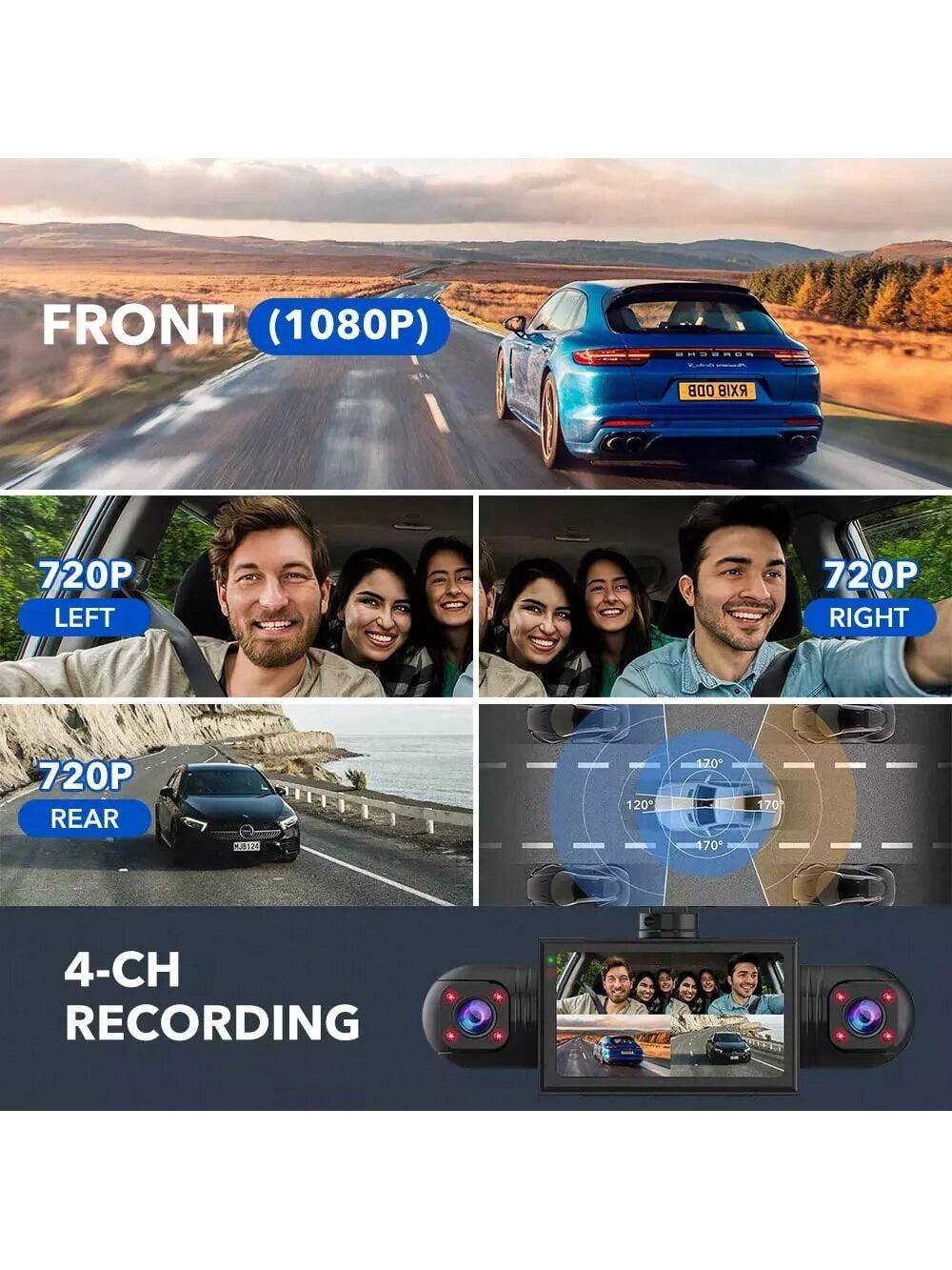 Podofo 360° Dash Cam Front And Rear Inside,4 Channel 3" IPS Touchscreen Dash Cam Front And Rear Inside Left Right,4*1080P Dash Camera With 8 IR Night Vision,Loop Recording,G-Sensor,24 Hours Recording