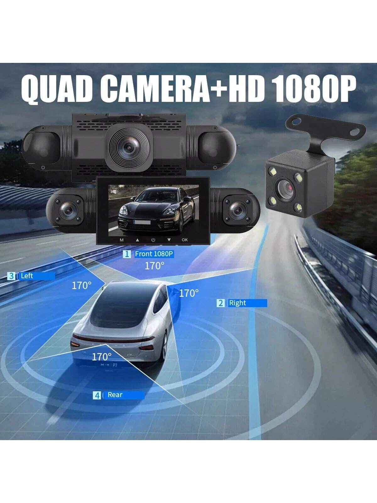 Podofo 360° Dash Cam Front And Rear Inside,4 Channel 3" IPS Touchscreen Dash Cam Front And Rear Inside Left Right,4*1080P Dash Camera With 8 IR Night Vision,Loop Recording,G-Sensor,24 Hours Recording