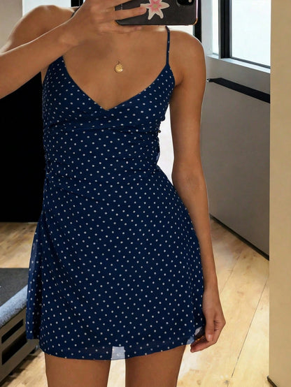 Polka Dot Mesh Lined Slip Mini Dress,Back To School Super Short Dress Elegant Summer
