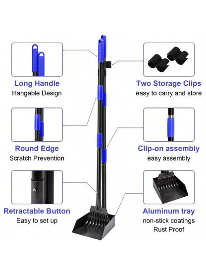 Pooper Scooper, Dog Pooper Scooper Tray And Rake Set With Adjustable Stainless Steel Long Handle For Large Medium Small Dogs