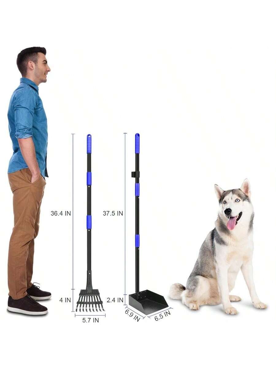 Pooper Scooper, Dog Pooper Scooper Tray And Rake Set With Adjustable Stainless Steel Long Handle For Large Medium Small Dogs