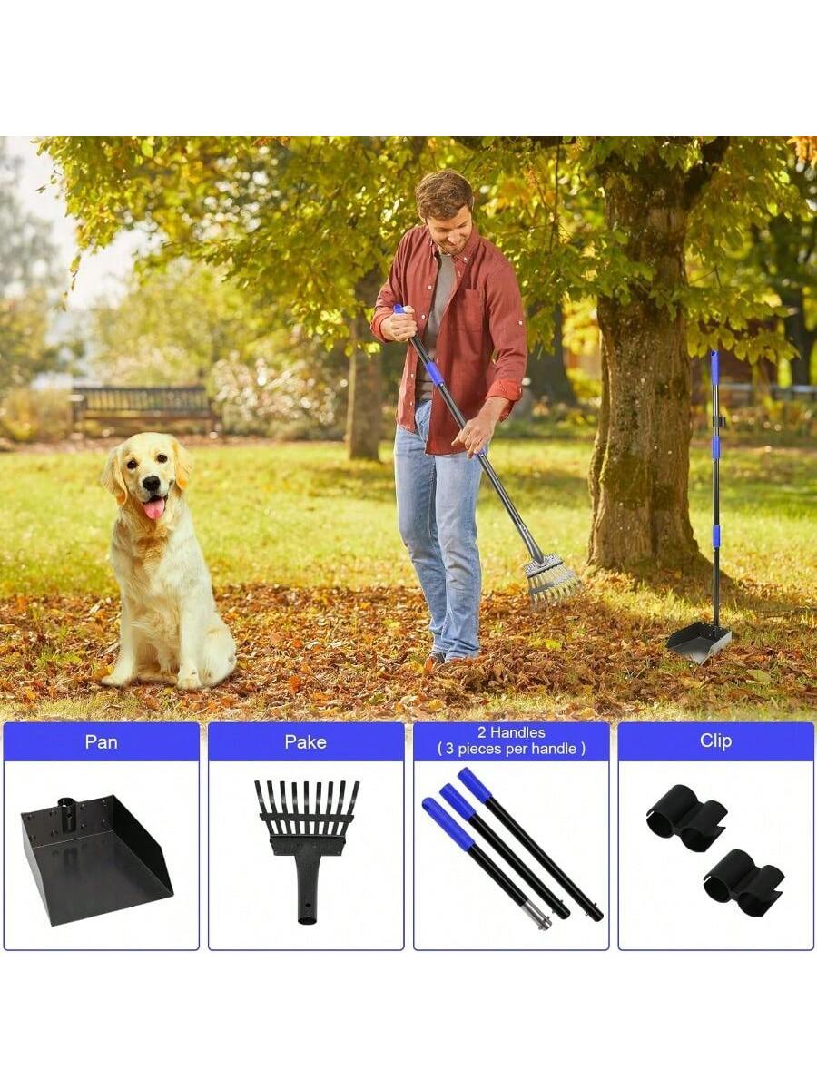 Pooper Scooper, Dog Pooper Scooper Tray And Rake Set With Adjustable Stainless Steel Long Handle For Large Medium Small Dogs