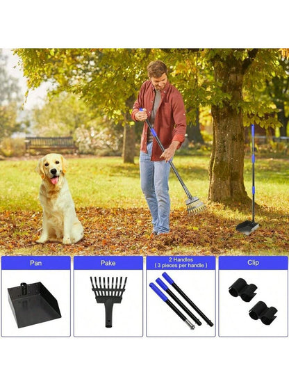 Pooper Scooper, Dog Pooper Scooper Tray And Rake Set With Adjustable Stainless Steel Long Handle For Large Medium Small Dogs