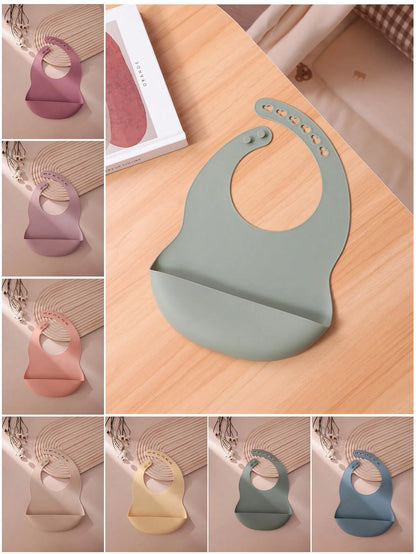 PopLittleOne 1pc Baby Silicone Bib, Solid Color Baby Tableware, Adjustable Baby Bib, Feeding Training Baby Supplies, Waterproof Baby Bib