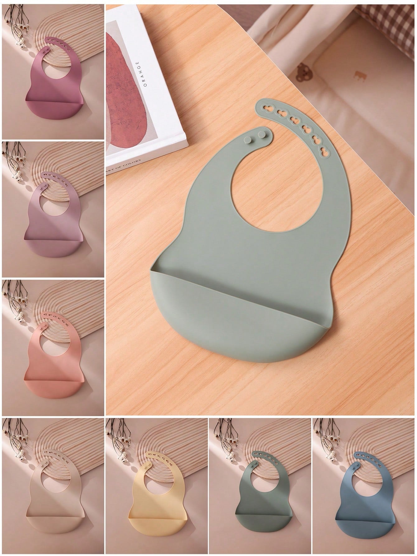 PopLittleOne 1pc Baby Silicone Bib, Solid Color Baby Tableware, Adjustable Baby Bib, Feeding Training Baby Supplies, Waterproof Baby Bib