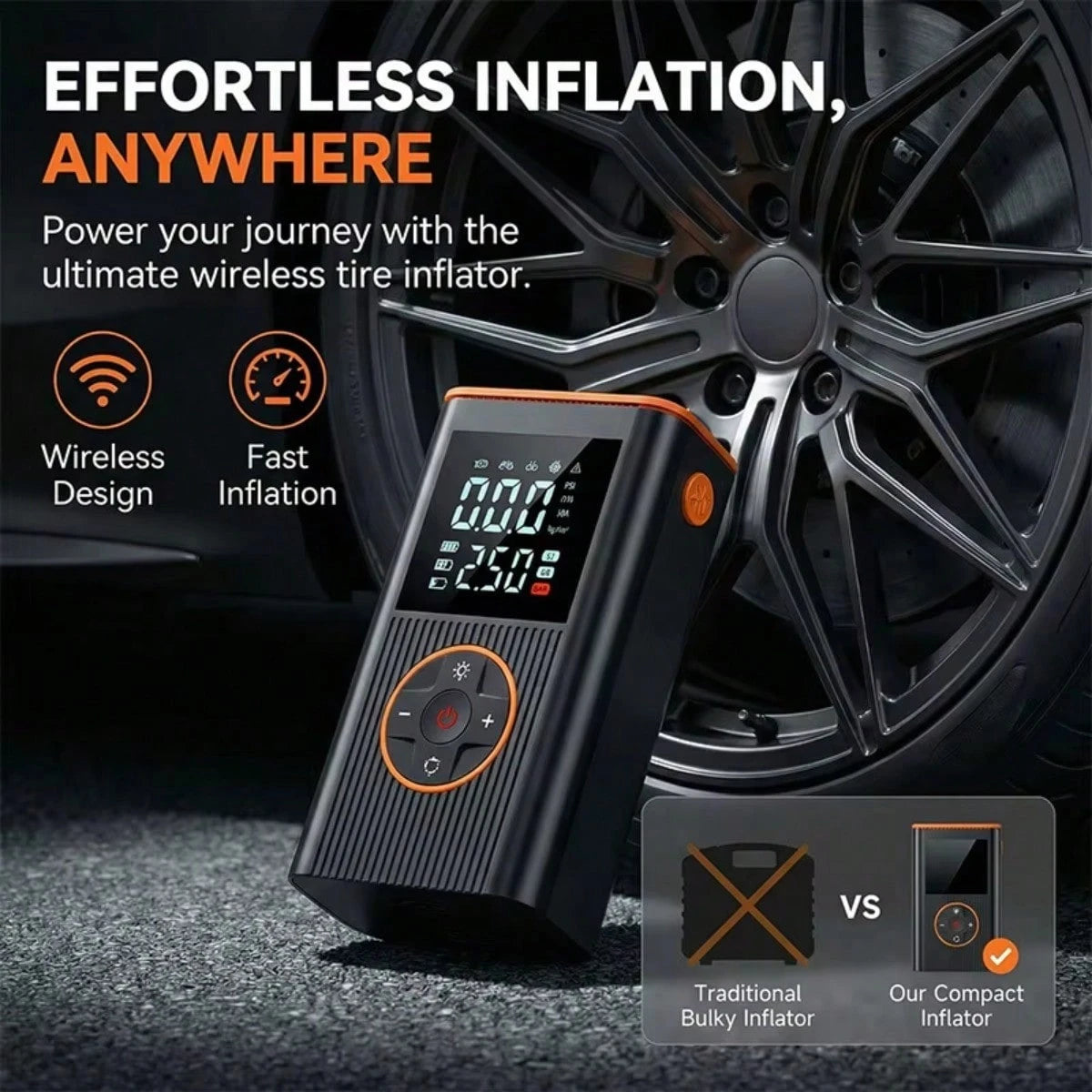 Portable Air Pump Inflator- Car Tire Air Pump, 150PSI Wireless Air Pump With Pressure Gauge And LED Light- 3x Faster Inflation For Cars, Motorcycles, Balls And Bicycles, Black 7.4V/DC12V 1800MAH