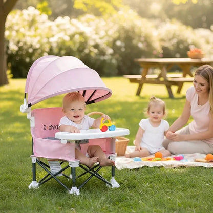 Portable Children's Dining Chair, Easy Clean Toddler Booster Seat, Detachable Plate Baby Feeding Seat With Safety Belt, Metal Frame For Stability, Pink
