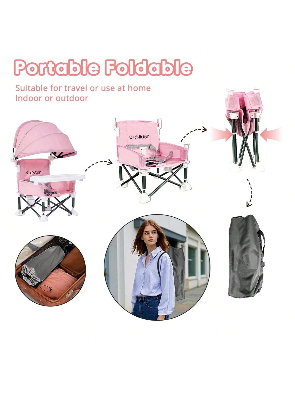 Portable Children's Dining Chair, Easy Clean Toddler Booster Seat, Detachable Plate Baby Feeding Seat With Safety Belt, Metal Frame For Stability, Pink