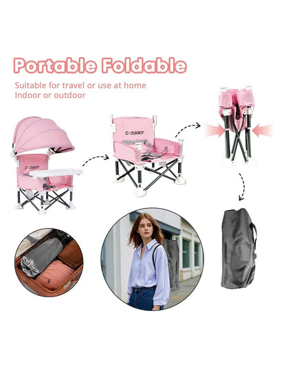Portable Children's Dining Chair, Easy Clean Toddler Booster Seat, Detachable Plate Baby Feeding Seat With Safety Belt, Metal Frame For Stability, Pink