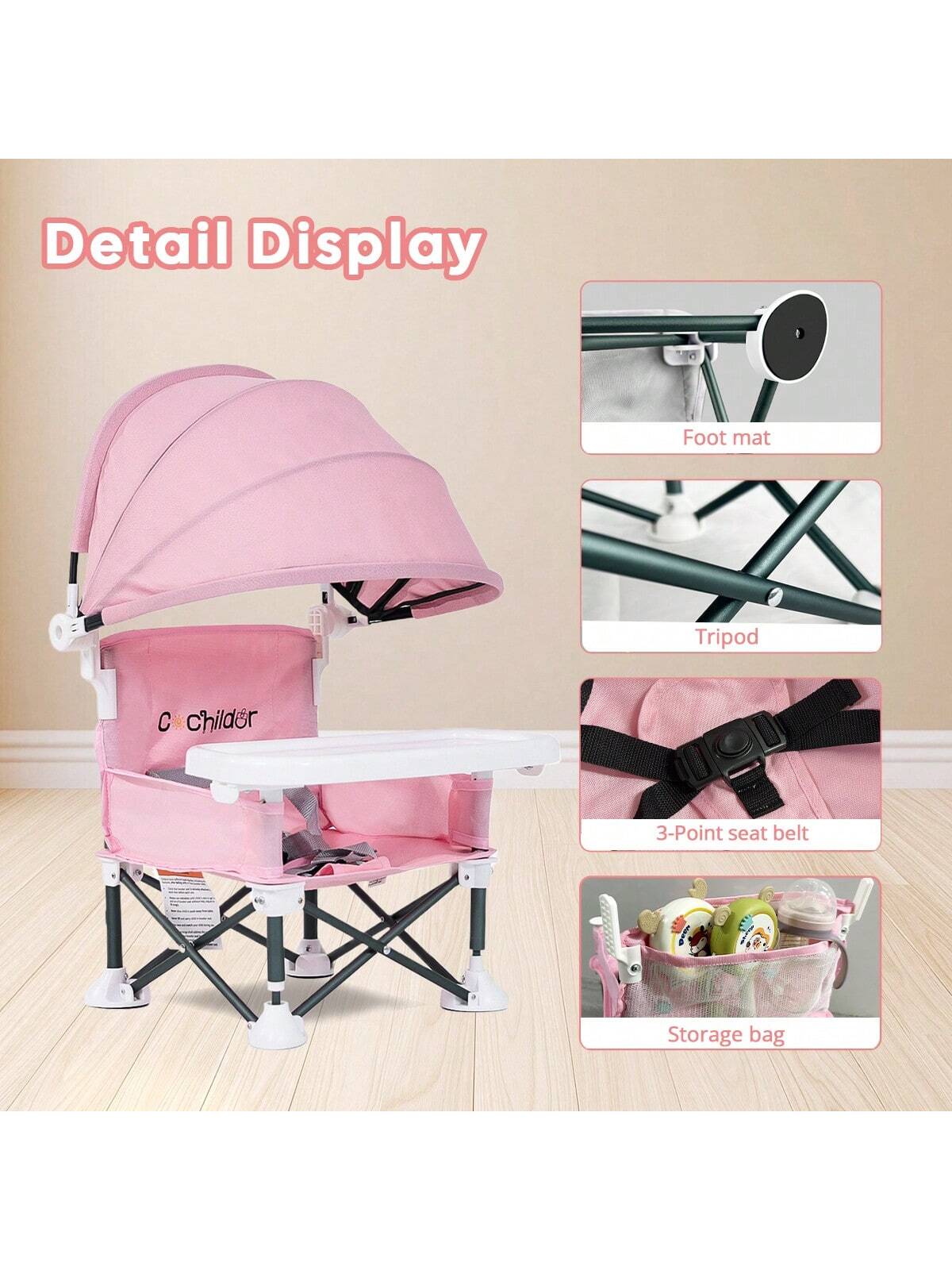 Portable Children's Dining Chair, Easy Clean Toddler Booster Seat, Detachable Plate Baby Feeding Seat With Safety Belt, Metal Frame For Stability, Pink
