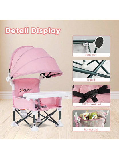 Portable Children's Dining Chair, Easy Clean Toddler Booster Seat, Detachable Plate Baby Feeding Seat With Safety Belt, Metal Frame For Stability, Pink