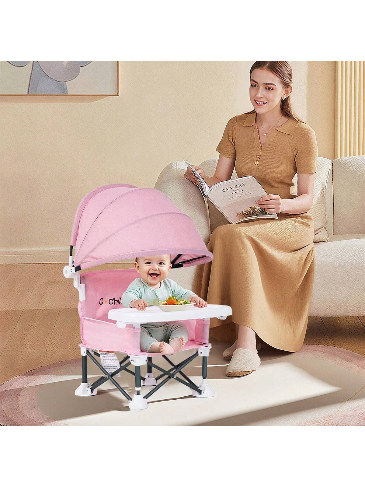 Portable Children's Dining Chair, Easy Clean Toddler Booster Seat, Detachable Plate Baby Feeding Seat With Safety Belt, Metal Frame For Stability, Pink