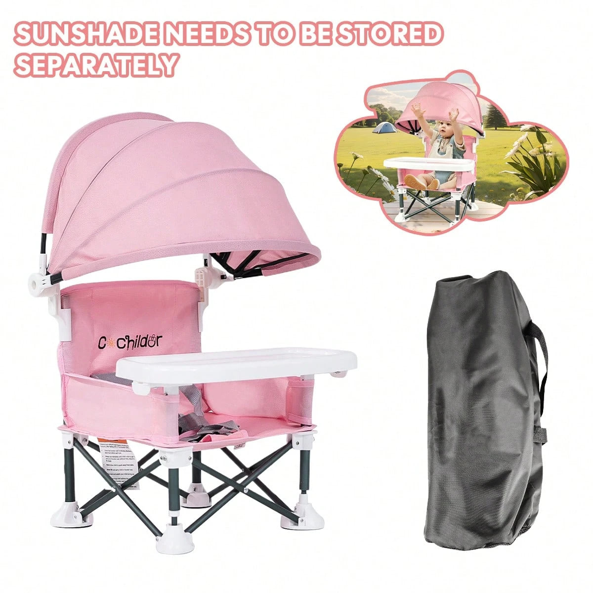 Portable Children's Dining Chair, Easy Clean Toddler Booster Seat, Detachable Plate Baby Feeding Seat With Safety Belt, Metal Frame For Stability, Pink