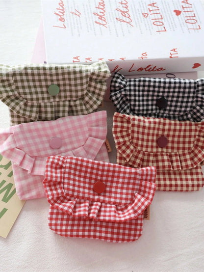 Portable Lace Plaid Coin Purse, Cute Ladies' Carry-On Makeup And Essentials Organizer Pouch, Travel Toiletry Bag And Document Holder, Fashionable Mini Wallet, Key Chain Coin Pouch, Autumn Travel Walle