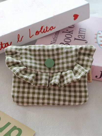 Portable Lace Plaid Coin Purse, Cute Ladies' Carry-On Makeup And Essentials Organizer Pouch, Travel Toiletry Bag And Document Holder, Fashionable Mini Wallet, Key Chain Coin Pouch, Autumn Travel Walle