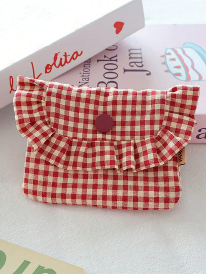 Portable Lace Plaid Coin Purse, Cute Ladies' Carry-On Makeup And Essentials Organizer Pouch, Travel Toiletry Bag And Document Holder, Fashionable Mini Wallet, Key Chain Coin Pouch, Autumn Travel Walle