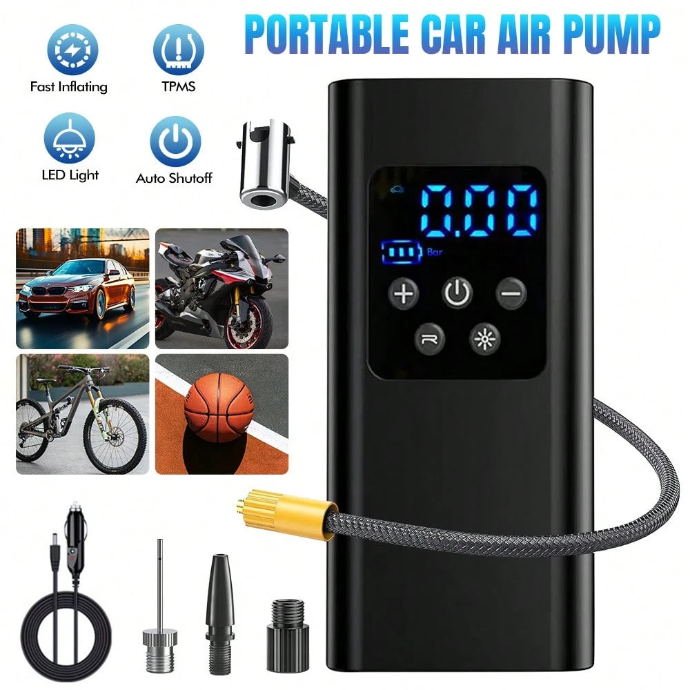 Portable Tire Inflator, 150PSI Car Air Compressor With LED Light & Digital Pressure Gauge, Electric Air Pump For Car Tires, Motorcycle, Bicycle, Ball, Dual Power Vehicle Inflator, Car Plug-In Model