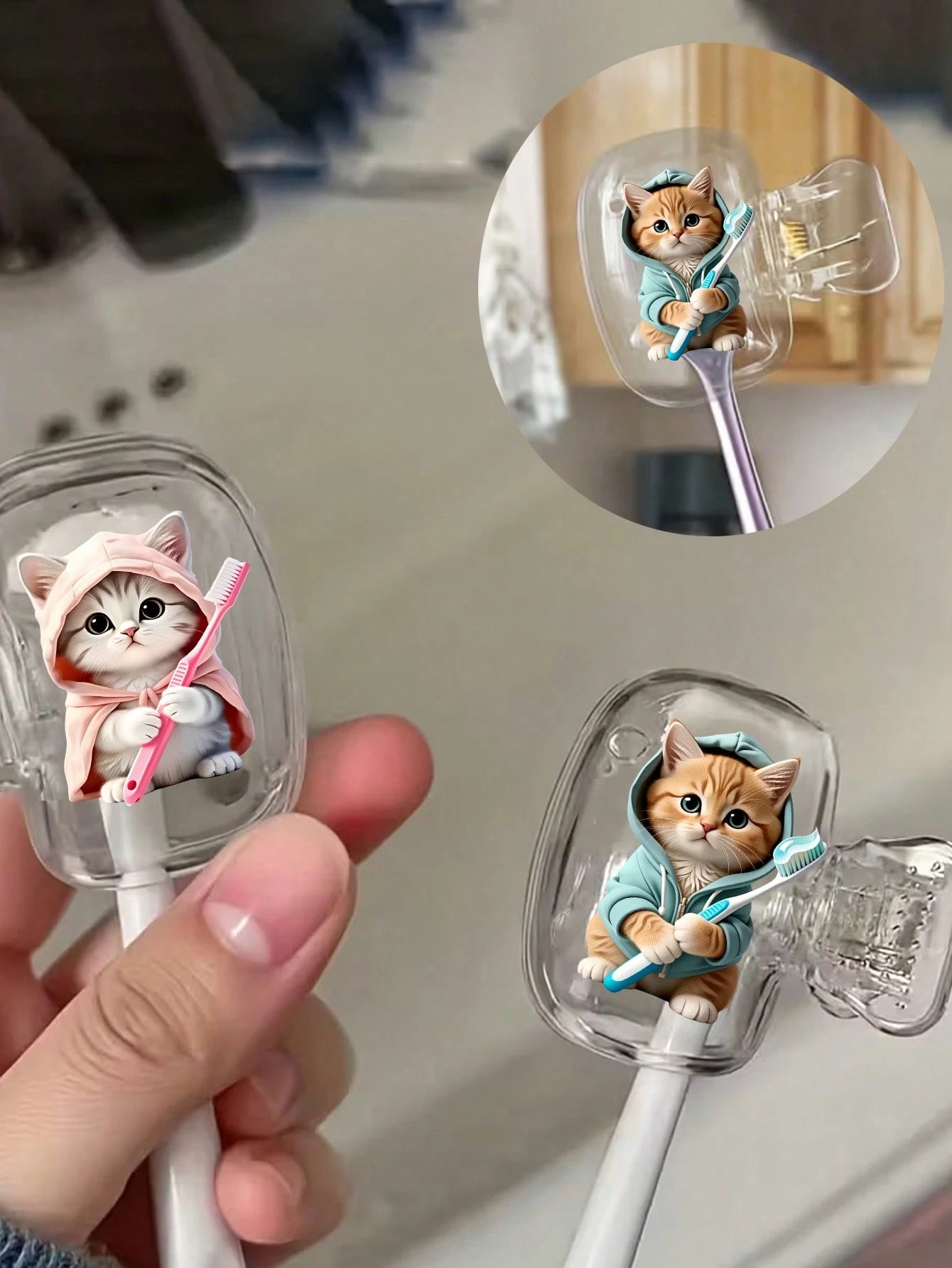 Portable Toothbrush Head Cover With Cute Blue And Pink Cat Pattern, Storage Box, Toothbrush Protective Cap Holder, Essential Bathroom Accessory For Home, Business Travel, Daily Use And Outdoor Travel