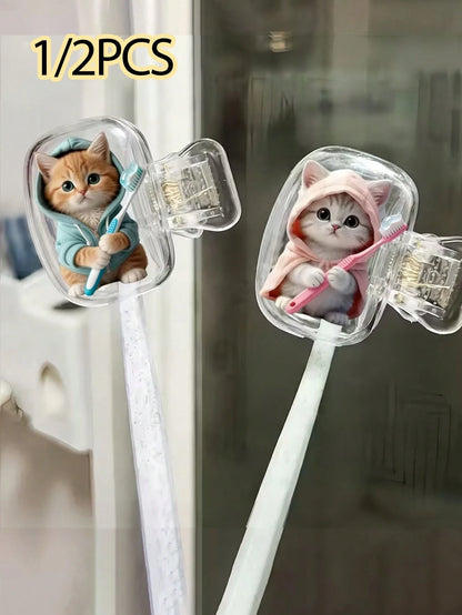 Portable Toothbrush Head Cover With Cute Blue And Pink Cat Pattern, Storage Box, Toothbrush Protective Cap Holder, Essential Bathroom Accessory For Home, Business Travel, Daily Use And Outdoor Travel