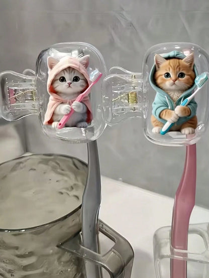 Portable Toothbrush Head Cover With Cute Blue And Pink Cat Pattern, Storage Box, Toothbrush Protective Cap Holder, Essential Bathroom Accessory For Home, Business Travel, Daily Use And Outdoor Travel