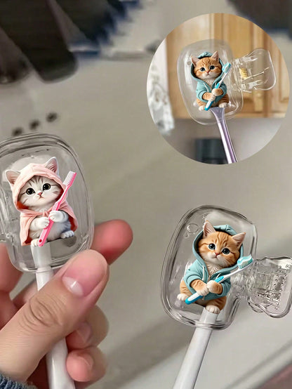 Portable Toothbrush Head Cover With Cute Blue And Pink Cat Pattern, Storage Box, Toothbrush Protective Cap Holder, Essential Bathroom Accessory For Home, Business Travel, Daily Use And Outdoor Travel
