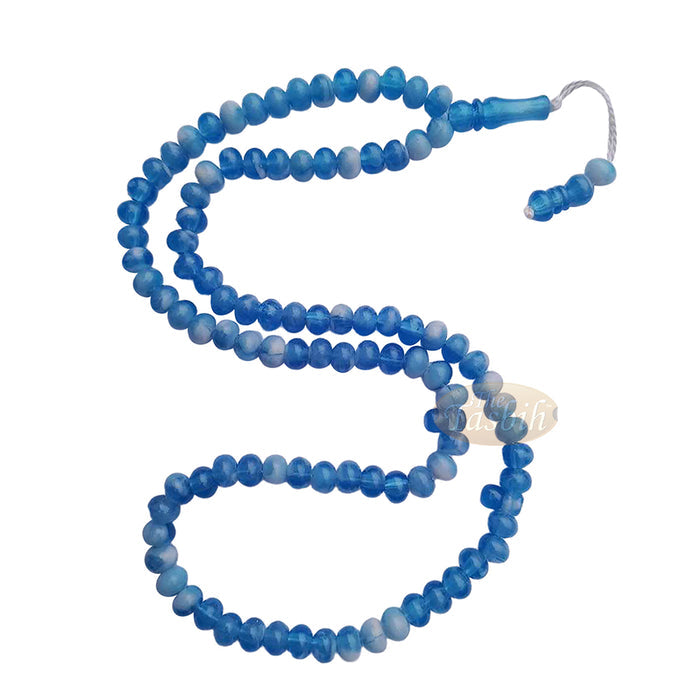 Prayer Beads - Plain Blue 9x8 Simple 99-Bead Horizontal Oval Plastic Tasbih Sibha Misbaha with Knob Stop Above Alif