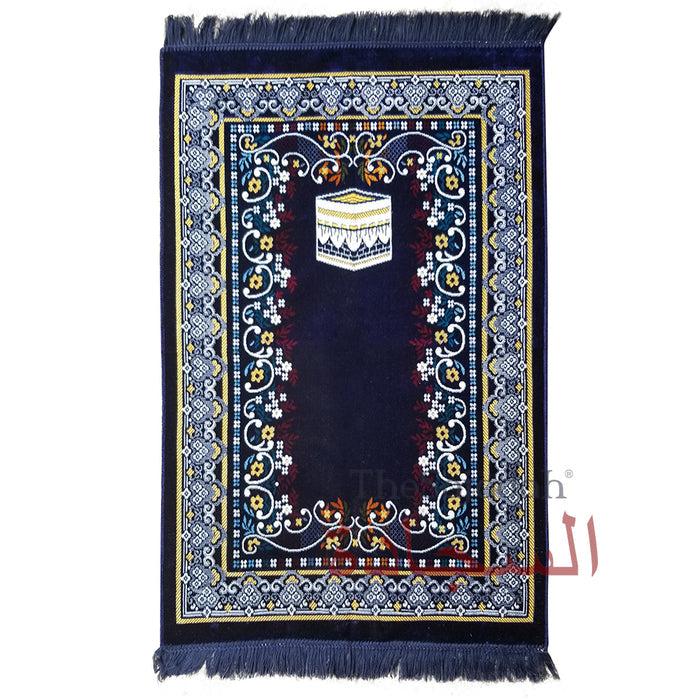 Prayer Rug - Dark Blue Holy Kabah Design with Arabesque Flowers Ja Namaz Salah Carpet Sajjadah