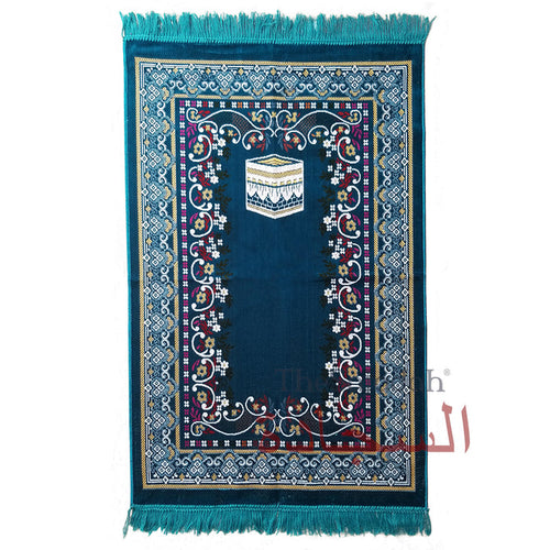 Prayer Rug - Dark Teal Blue Holy Kabah Design with Arabesque Flowers Ja Namaz Salah Carpet Sajjadah