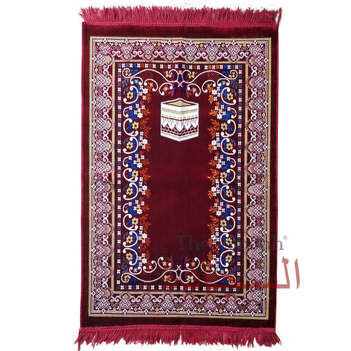 Prayer Rug - Maroon Holy Kabah Design with Arabesque Flowers Ja Namaz Salah Carpet Sajjadah