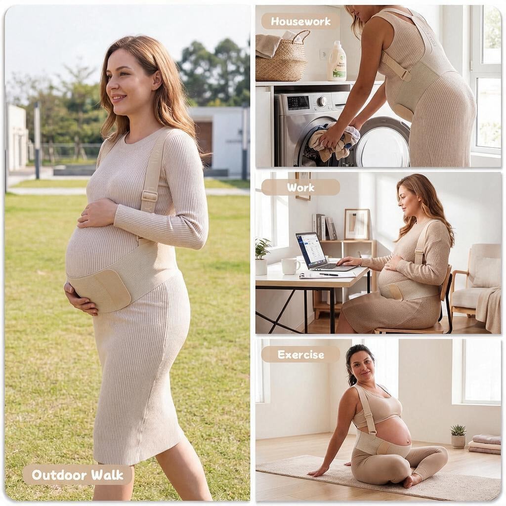 Pregnancy Belly Band, Pregnancy Support Belt With Shoulder Strap, Adjustable Maternity Belt, Highly Elastic And Breathable Fabric Easy To Wear (Beige)