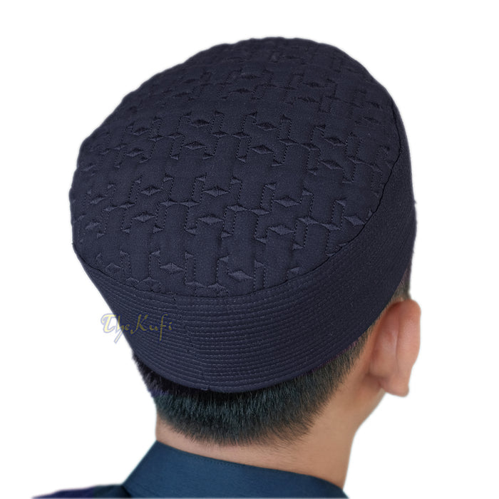 Premium Dark Navy Blue Padded Malawi Kufis - Handmade Round Embroidered Ghalib Motif Muslim Prayer Caps