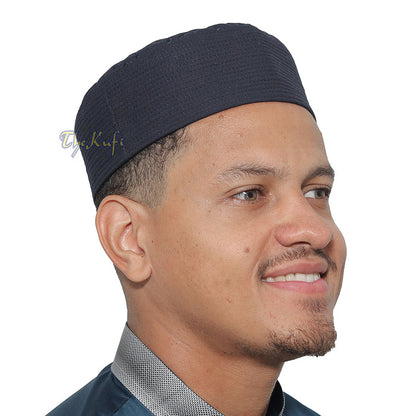 Premium Dark Navy Blue Padded Malawi Kufis - Handmade Round Embroidered Ghalib Motif Muslim Prayer Caps