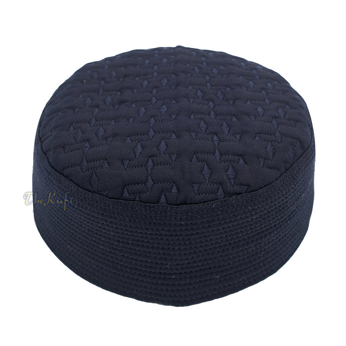 Premium Dark Navy Blue Padded Malawi Kufis - Handmade Round Embroidered Ghalib Motif Muslim Prayer Caps