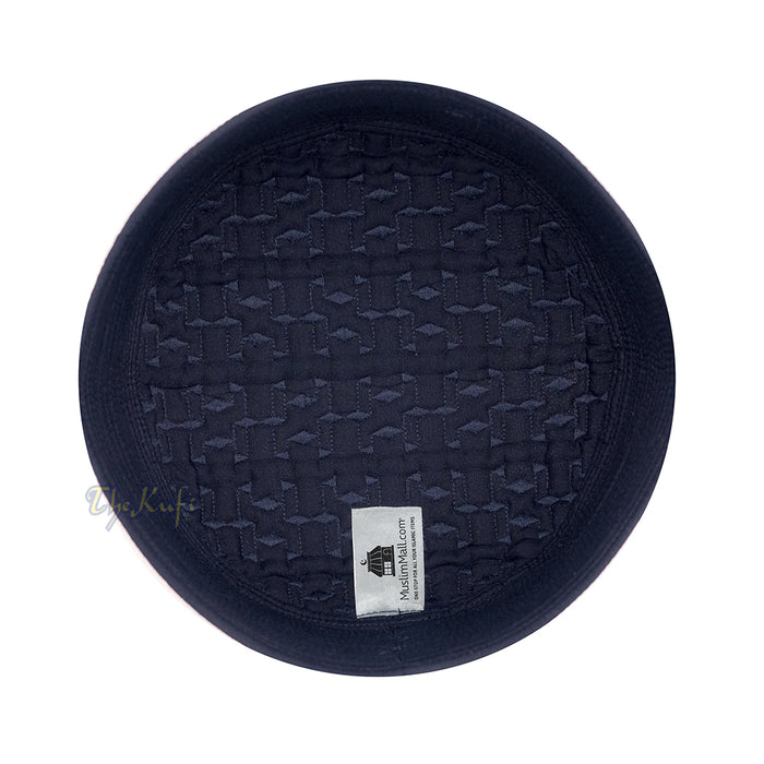 Premium Dark Navy Blue Padded Malawi Kufis - Handmade Round Embroidered Ghalib Motif Muslim Prayer Caps