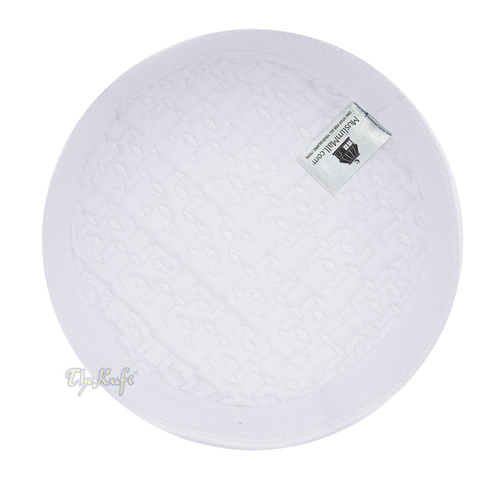 Premium White Padded Malawi Kufis - Handmade Round Embroidered Ghalib Motif Muslim Prayer Caps