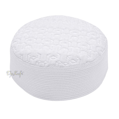Premium White Padded Malawi Kufis - Handmade Round Embroidered Ghalib Motif Muslim Prayer Caps