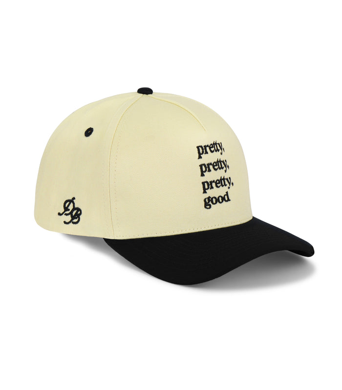 Pretty Good Snapback Hat – cream and black 5-panel embroidered dad hat with high-profile structured fit, funny golf hat and dad gift