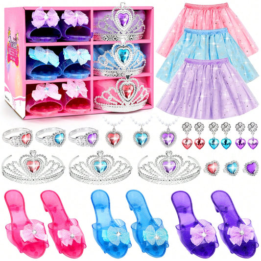 Princess Dress Up Toys For Little Girls- Toddler Role Play Costume Set With Crown Shoes Jewelry, Pretend Play Gifts For3 4 5 6 7 8 9 10 11 12 Year Old Kids