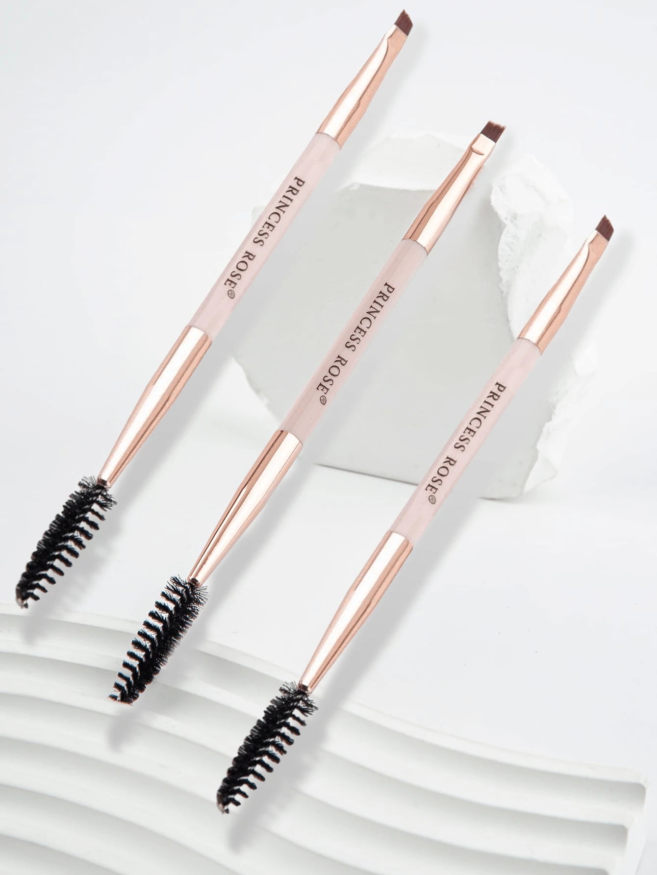 Princess Rose 3pcs Rose Princess Portable Pink Double-Ended Eyebrow Brush, Eyelash Brush, Eye Makeup Brush Set, Soft Bristles With No Skin Irritation, Dual-Ended Design For Convenient Application, Sui