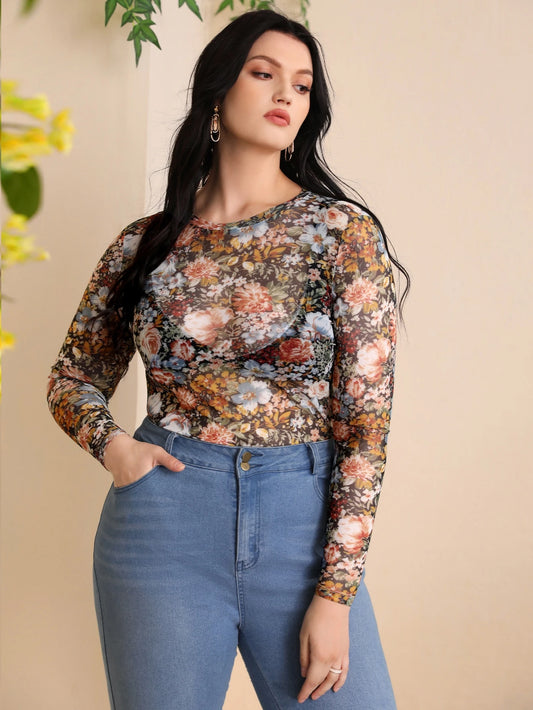 Privé Plus Floral Print Mesh Top