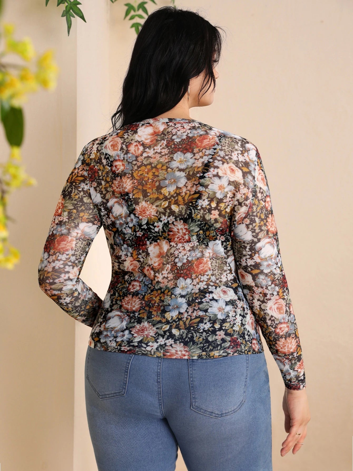 Privé Plus Floral Print Mesh Top